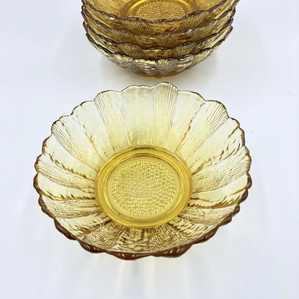 Vtg Indiana Glass Textured Amber Sunflower  Bowls‎ 6